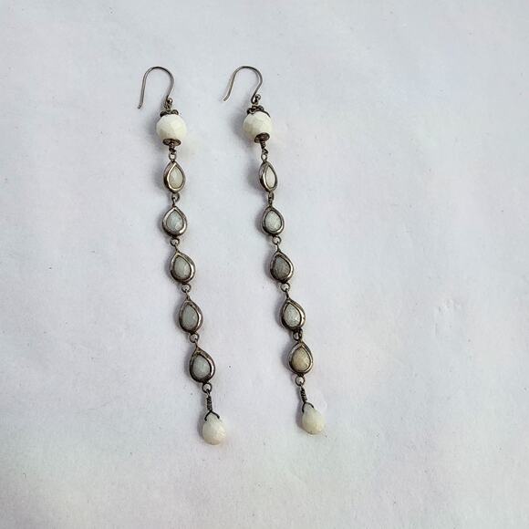 Sterling Silver Earrings Extra Long White Natural Stone Quartz Crystals Teardrop - Picture 3 of 5